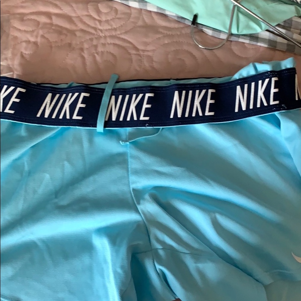 Nike Light Blue Athletic Shorts with Navy Logo Waistband